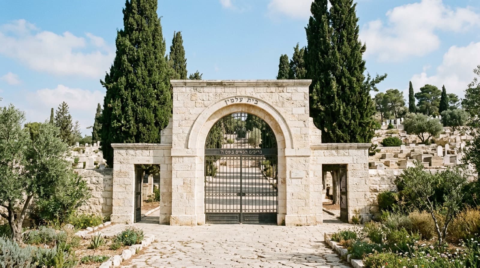 שער אבן ירושלמית של בית עלמין עם הכיתוב בית עלמין — זכאות לקבורה