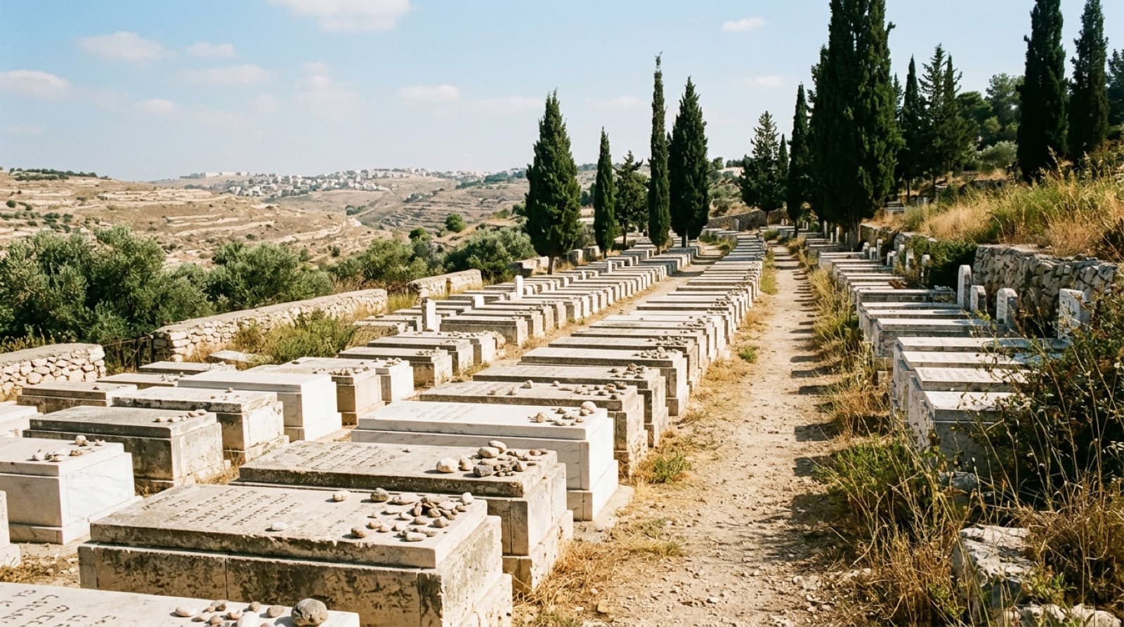 שורות מצבות אבן בהירה וברושים בבית עלמין ישראלי — סל השירותים