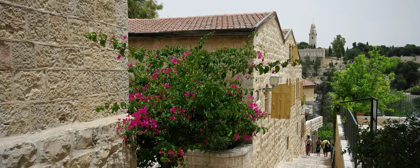 סמטת אבן ירושלמית שקטה עם בוגונוויליה פורחת